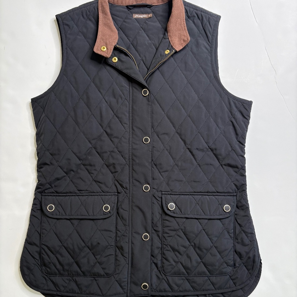 J. MCLAUGHLIN Quilted Hunting Vest Black Medium Pockets Sliver Snaps